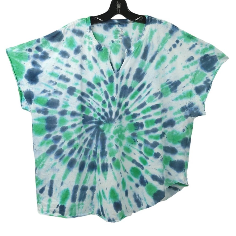 Tie Dye T Shirt 2XL Cut Neck Sleeves Hem Hippie Blue Green Fruit Of The Loom DIY